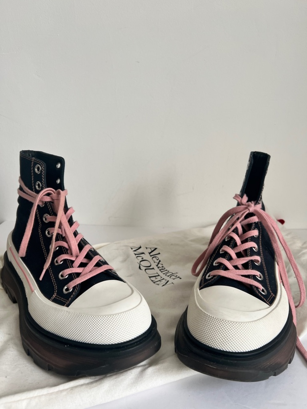 Alexander McQueen Black High-Top Canvas Platform Boots with Pink Laces
